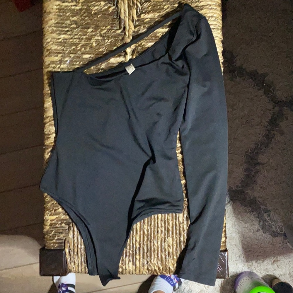 Off the shoulder HEY BABE body suit snap crotch